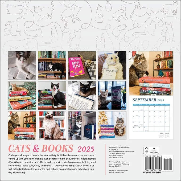 Cats & Books 2025 Wall Calendar