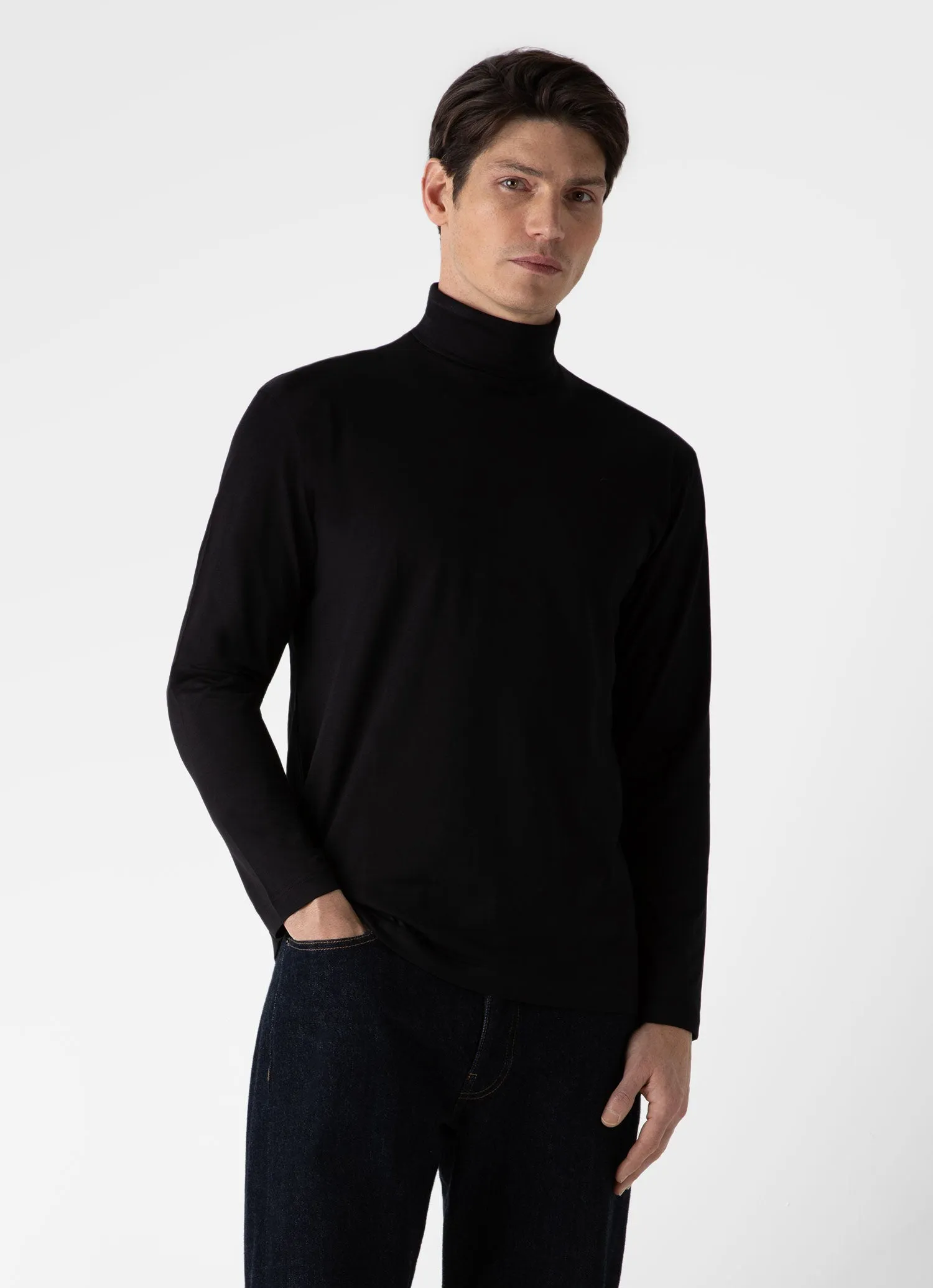 Men's Long Sleeve Roll Neck in Black Sunspel