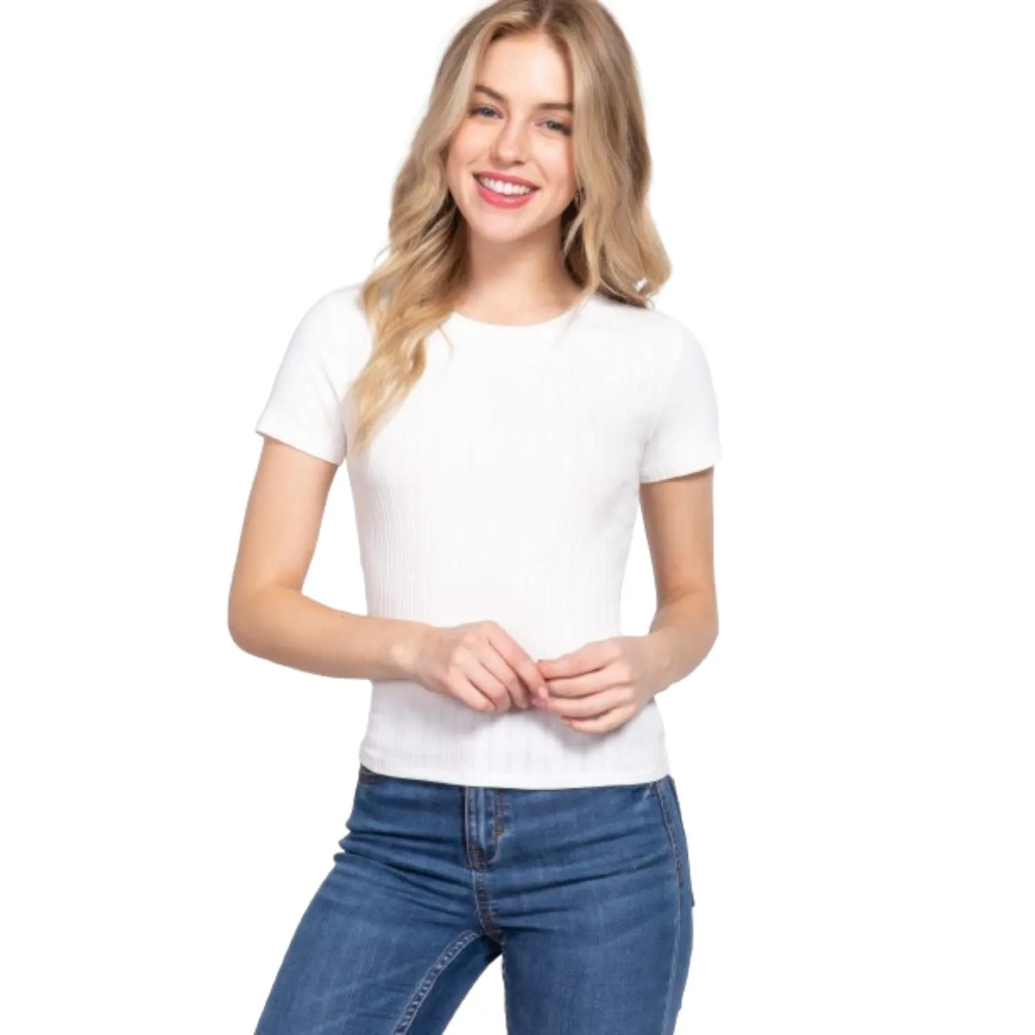 Short Slv Crew Neck Variegated Rib Knit Top