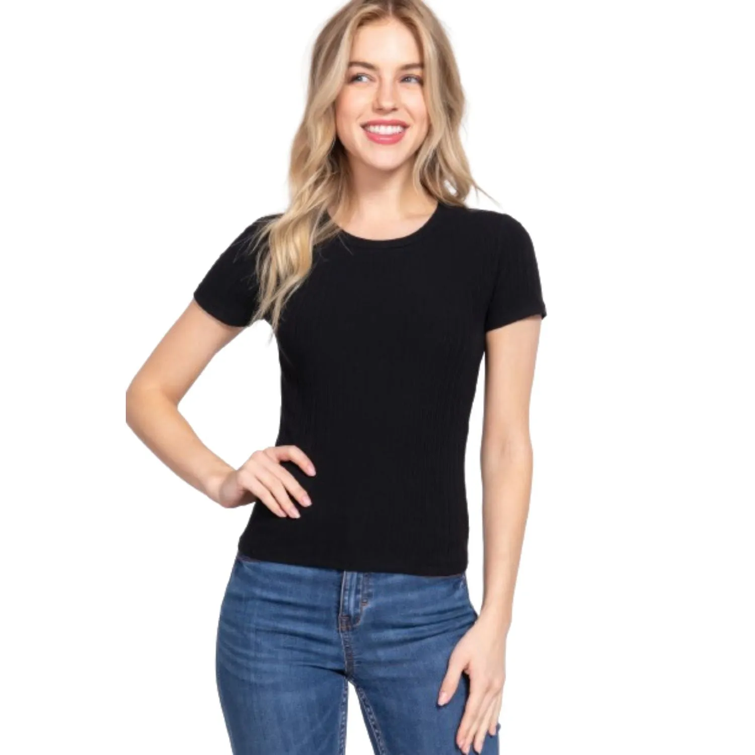 Short Slv Crew Neck Variegated Rib Knit Top