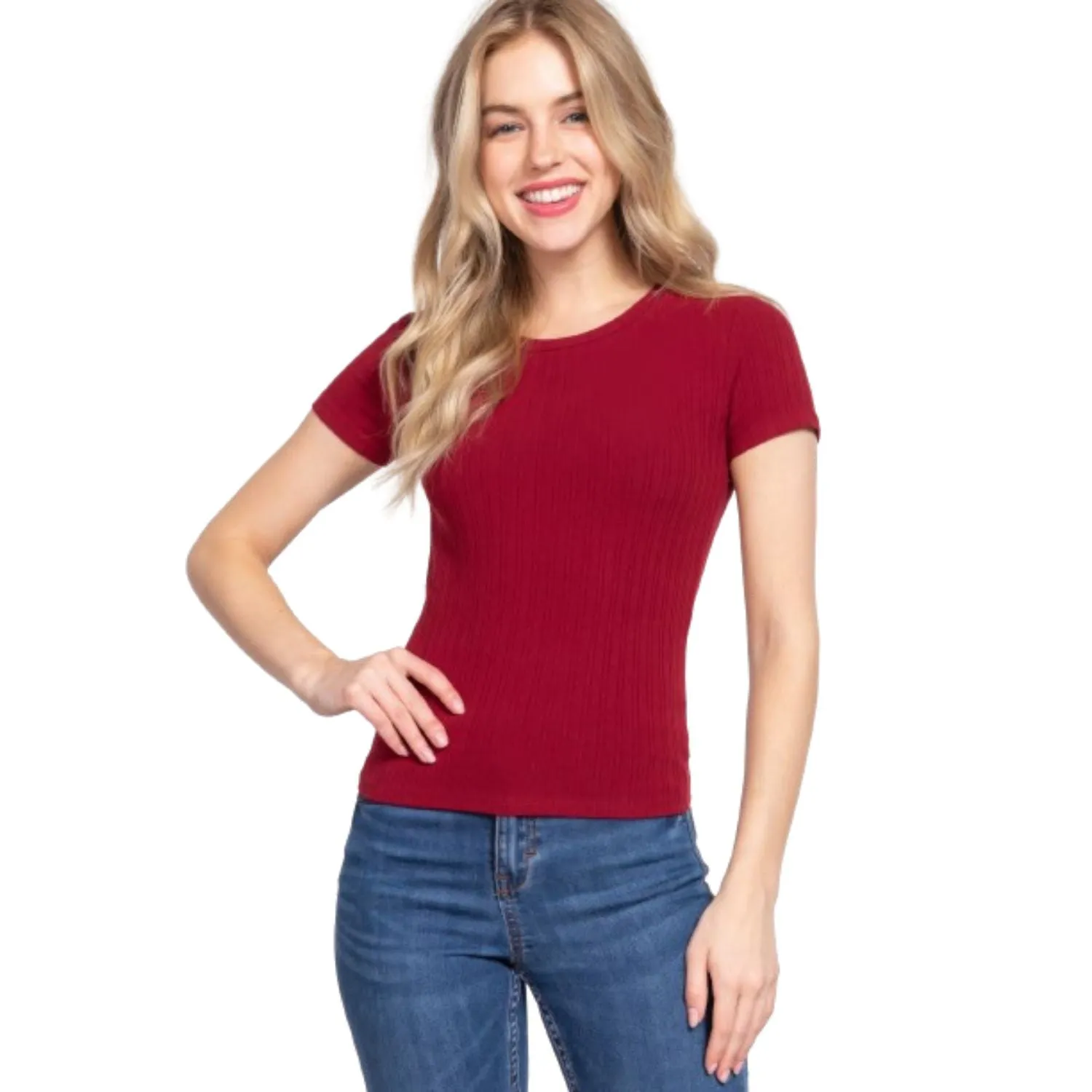 Short Slv Crew Neck Variegated Rib Knit Top