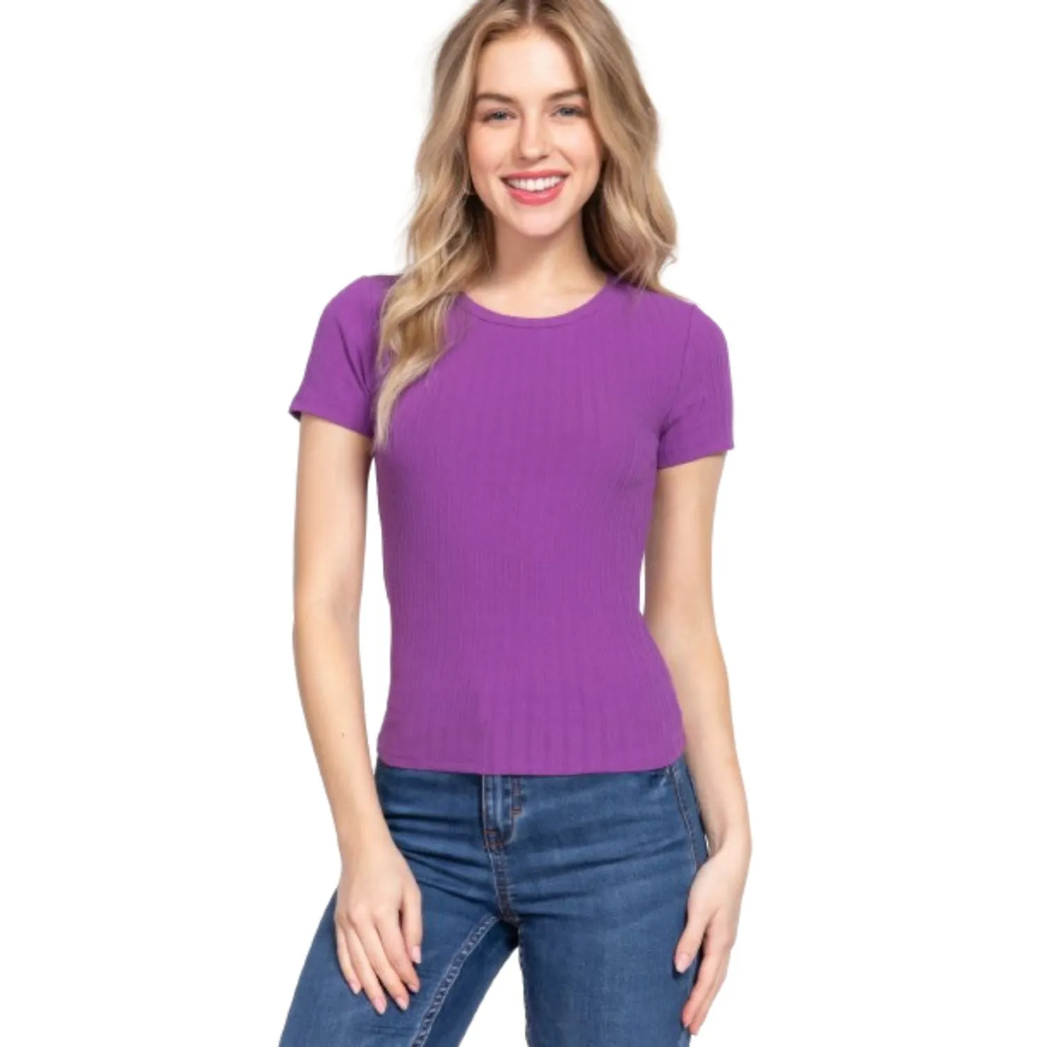 Short Slv Crew Neck Variegated Rib Knit Top