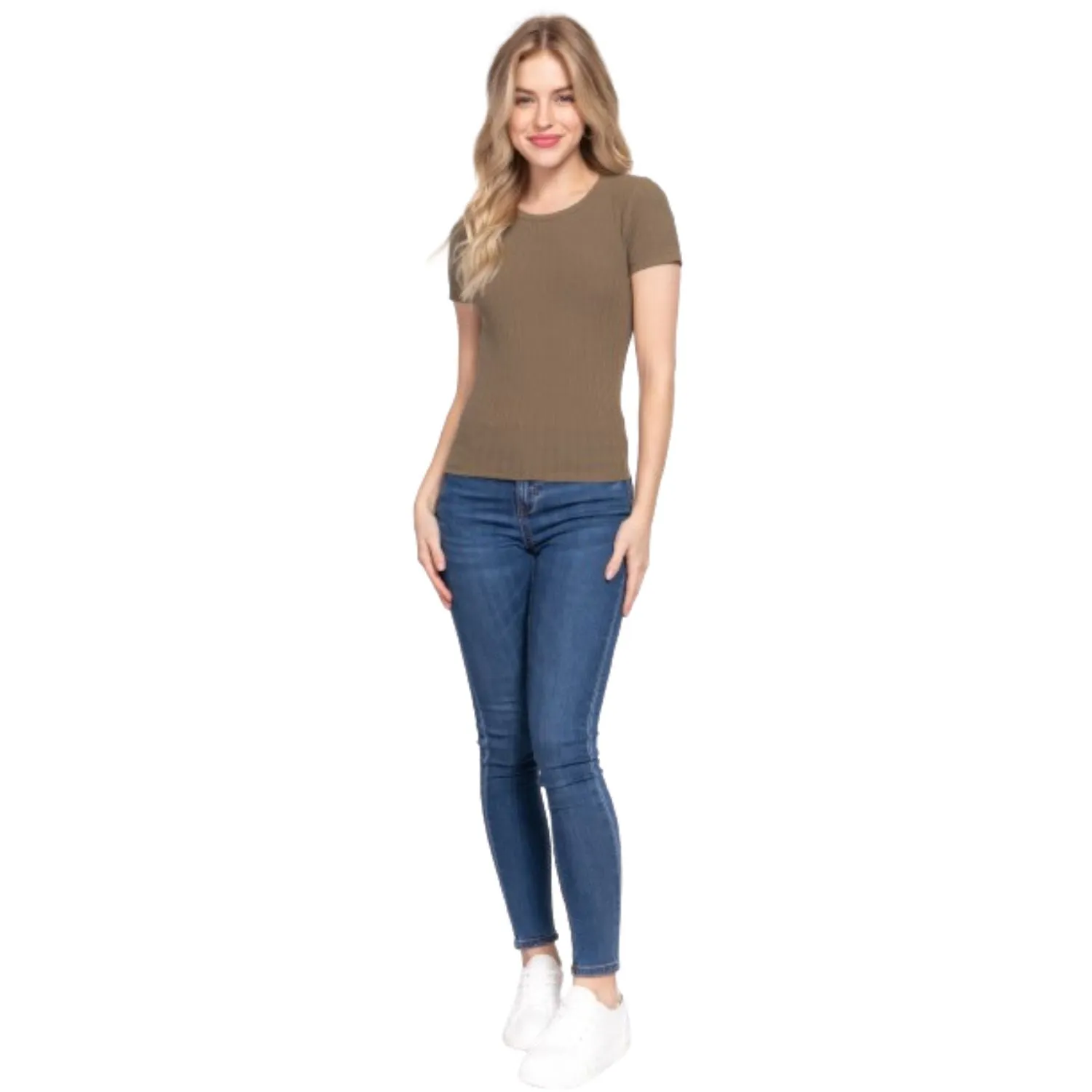 Short Slv Crew Neck Variegated Rib Knit Top