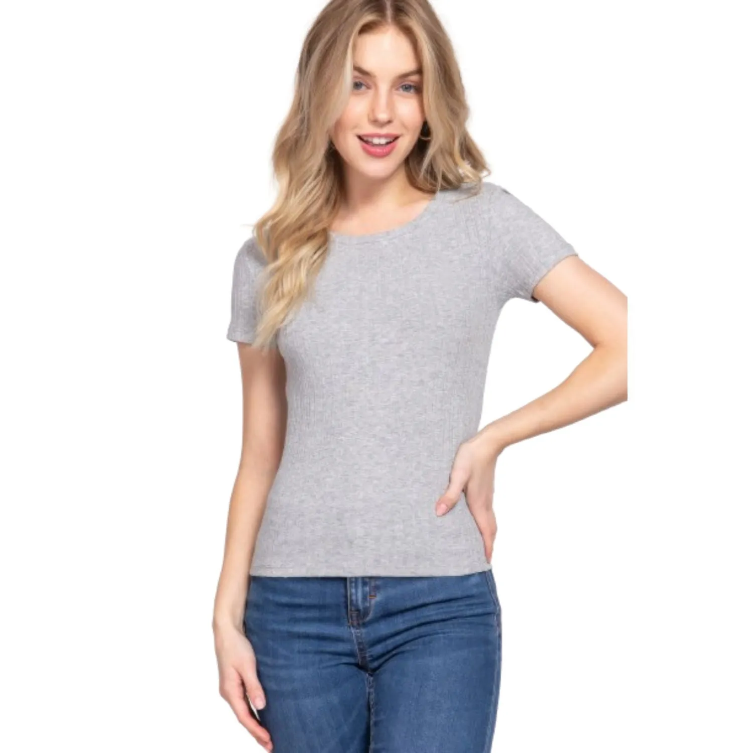 Short Slv Crew Neck Variegated Rib Knit Top