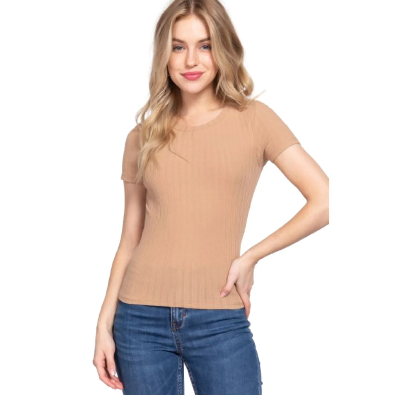 Short Slv Crew Neck Variegated Rib Knit Top