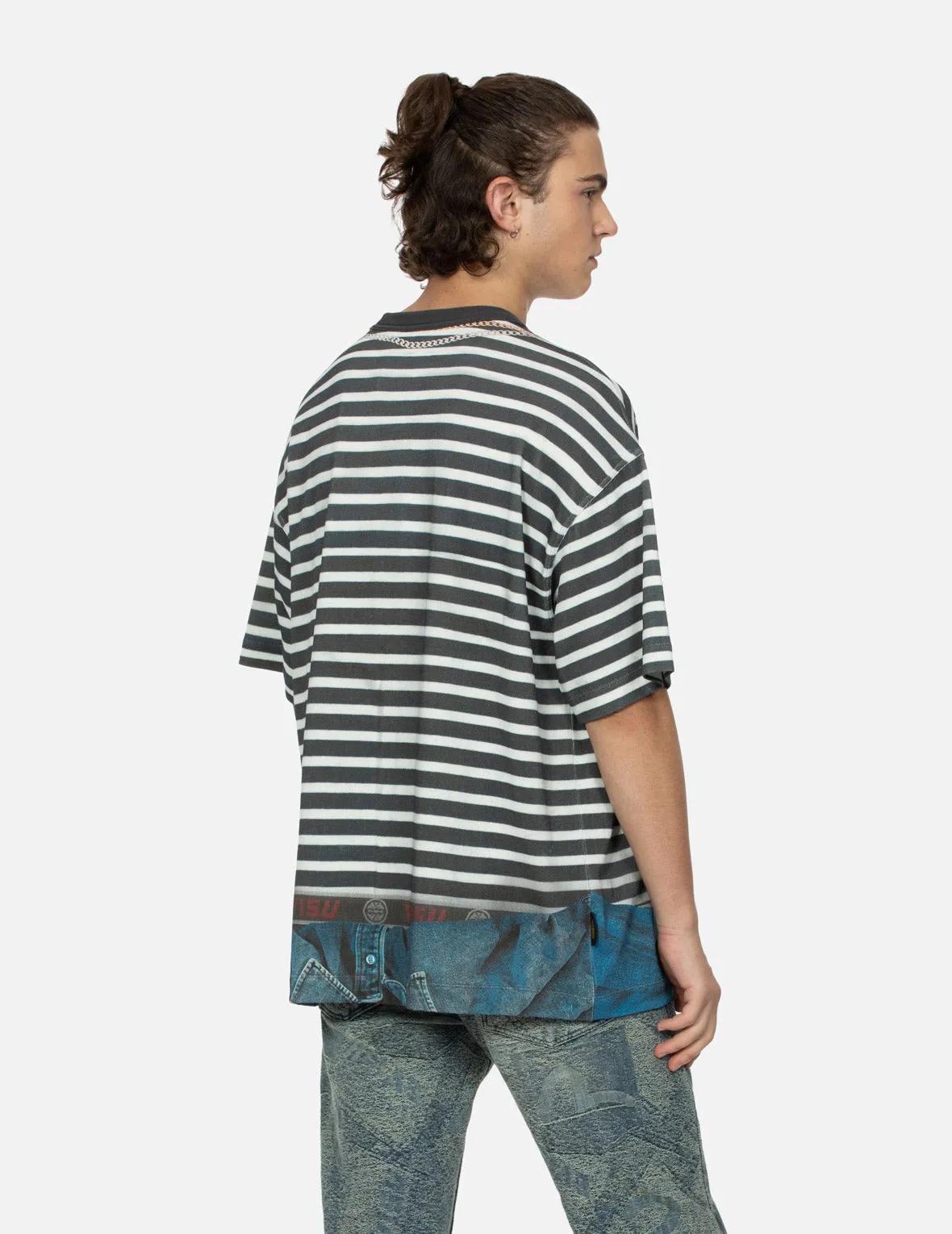 SPRING/ SUMMER COLLECTION 2025 Trompe-l'oeil and Seagull Print Loose Fit Stripe T-Shirt