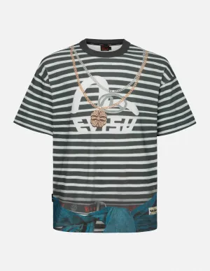 SPRING/ SUMMER COLLECTION 2025 Trompe-l'oeil and Seagull Print Loose Fit Stripe T-Shirt