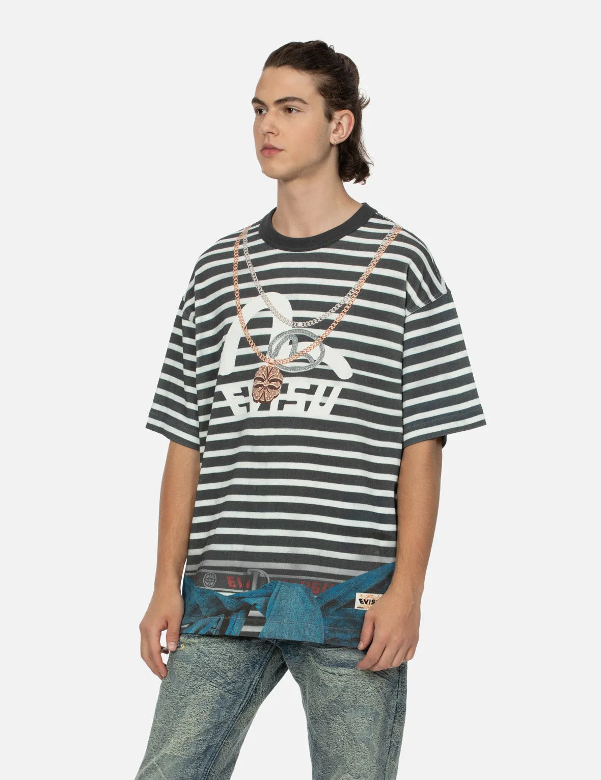 SPRING/ SUMMER COLLECTION 2025 Trompe-l'oeil and Seagull Print Loose Fit Stripe T-Shirt