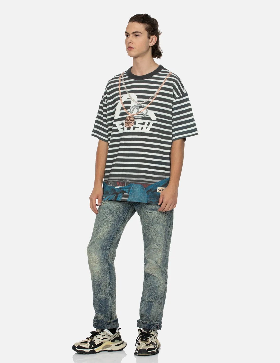 SPRING/ SUMMER COLLECTION 2025 Trompe-l'oeil and Seagull Print Loose Fit Stripe T-Shirt
