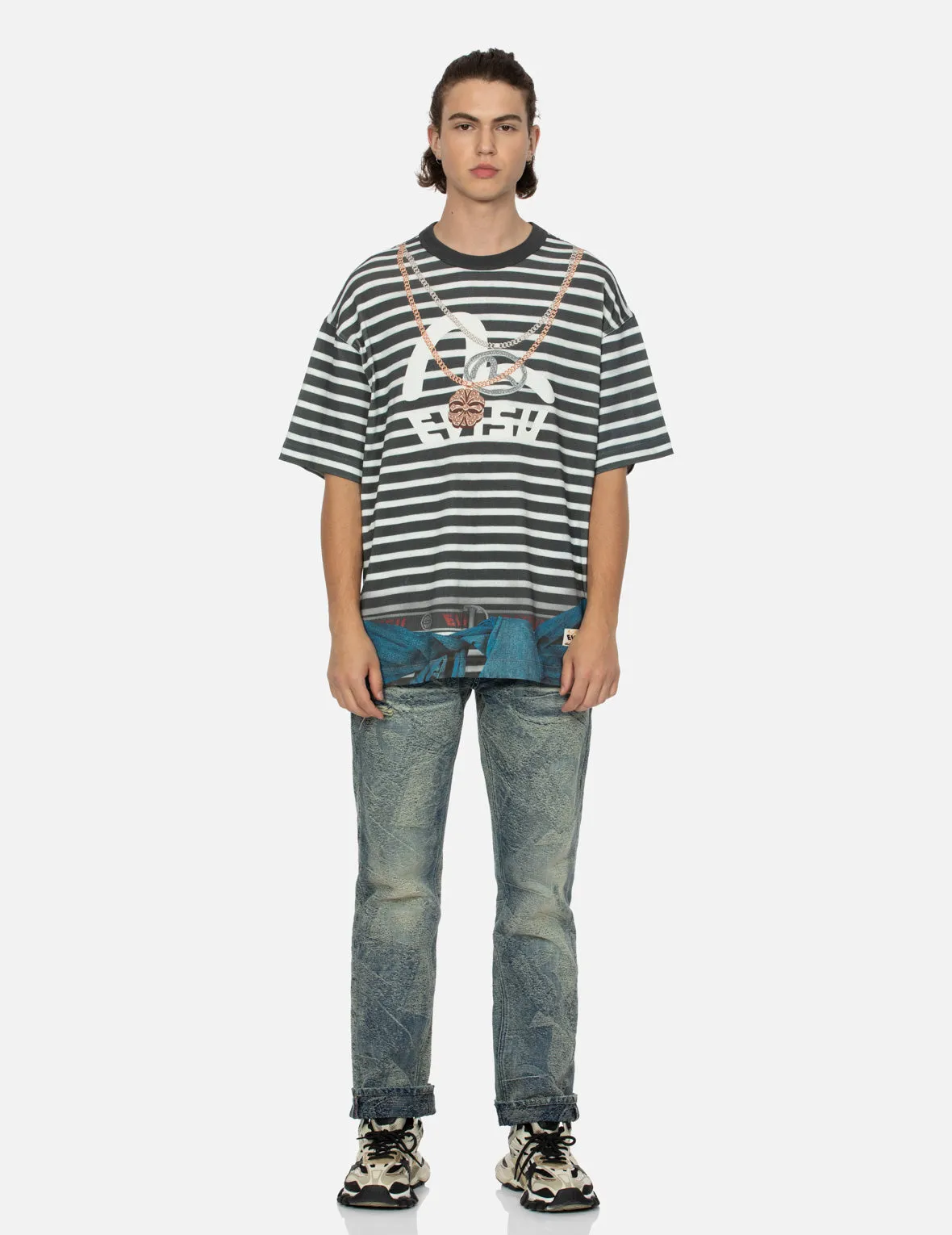 SPRING/ SUMMER COLLECTION 2025 Trompe-l'oeil and Seagull Print Loose Fit Stripe T-Shirt