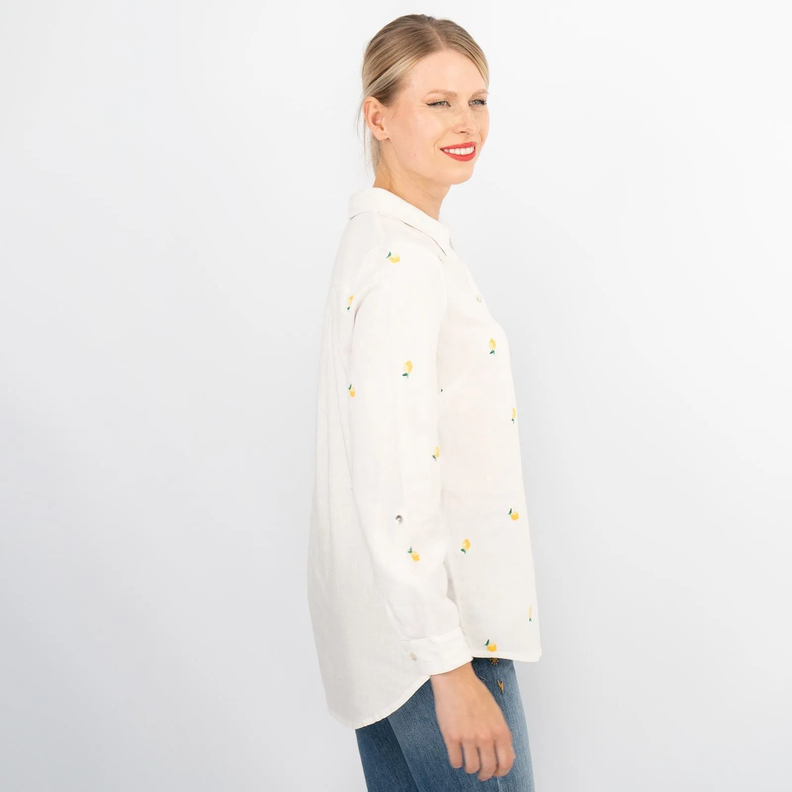White Lemon Embroidery Linen Rich Long Sleeve Women's Shirts