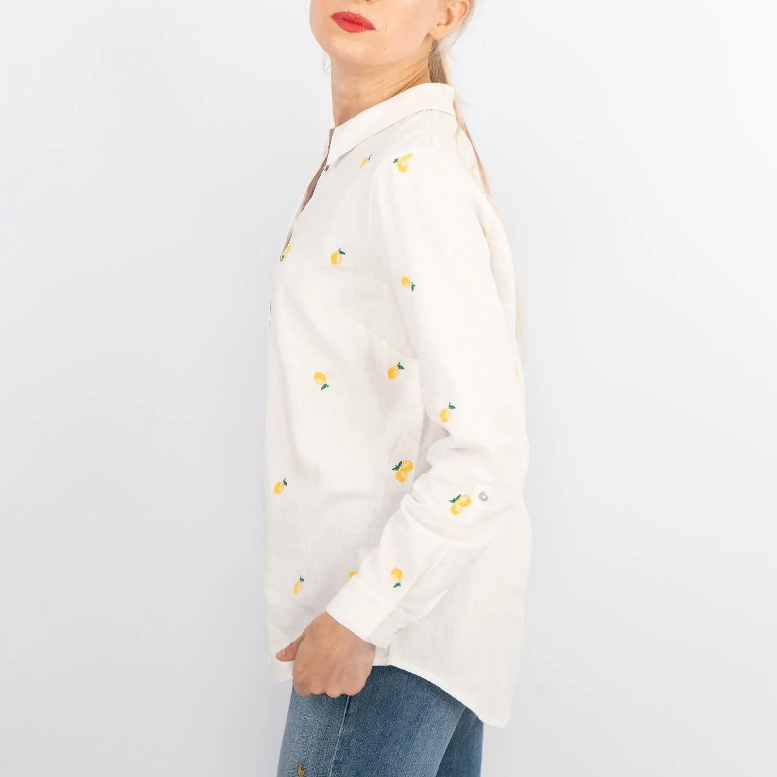 White Lemon Embroidery Linen Rich Long Sleeve Women's Shirts