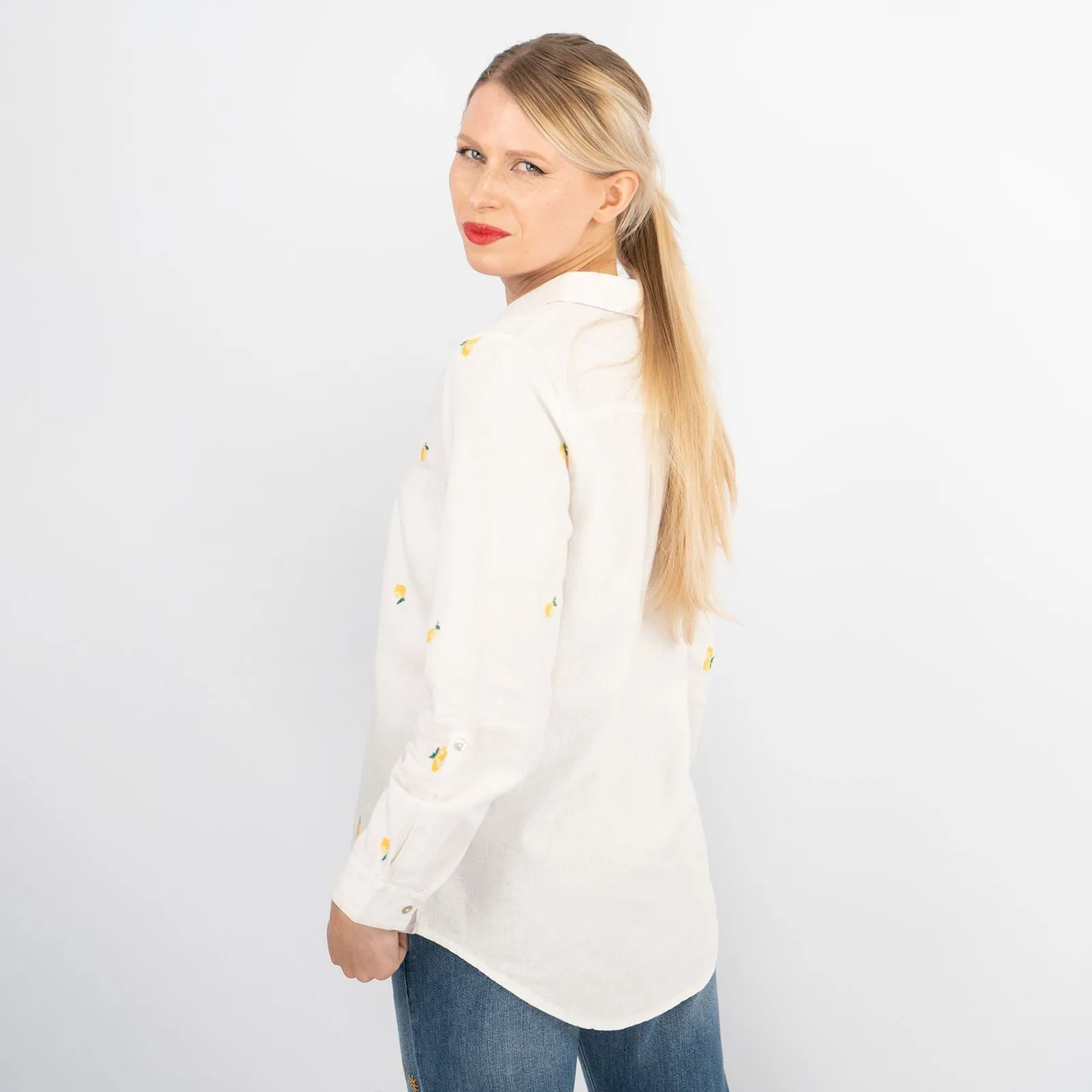 White Lemon Embroidery Linen Rich Long Sleeve Women's Shirts
