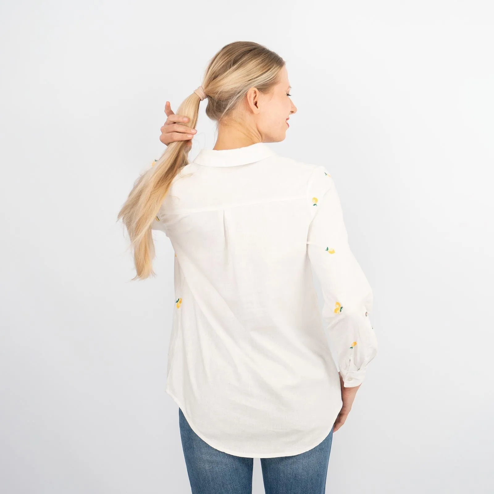 White Lemon Embroidery Linen Rich Long Sleeve Women's Shirts