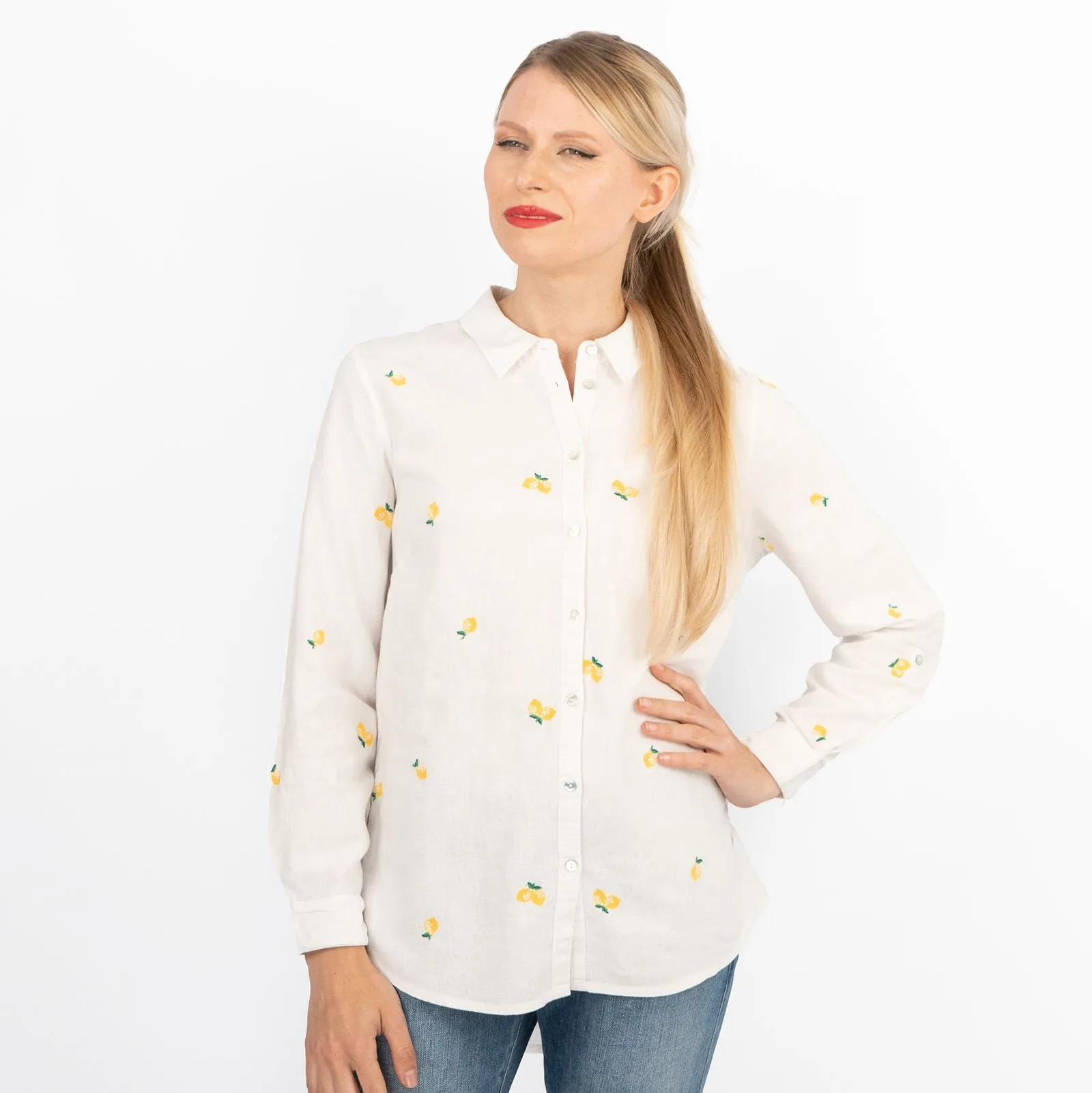 White Lemon Embroidery Linen Rich Long Sleeve Women's Shirts