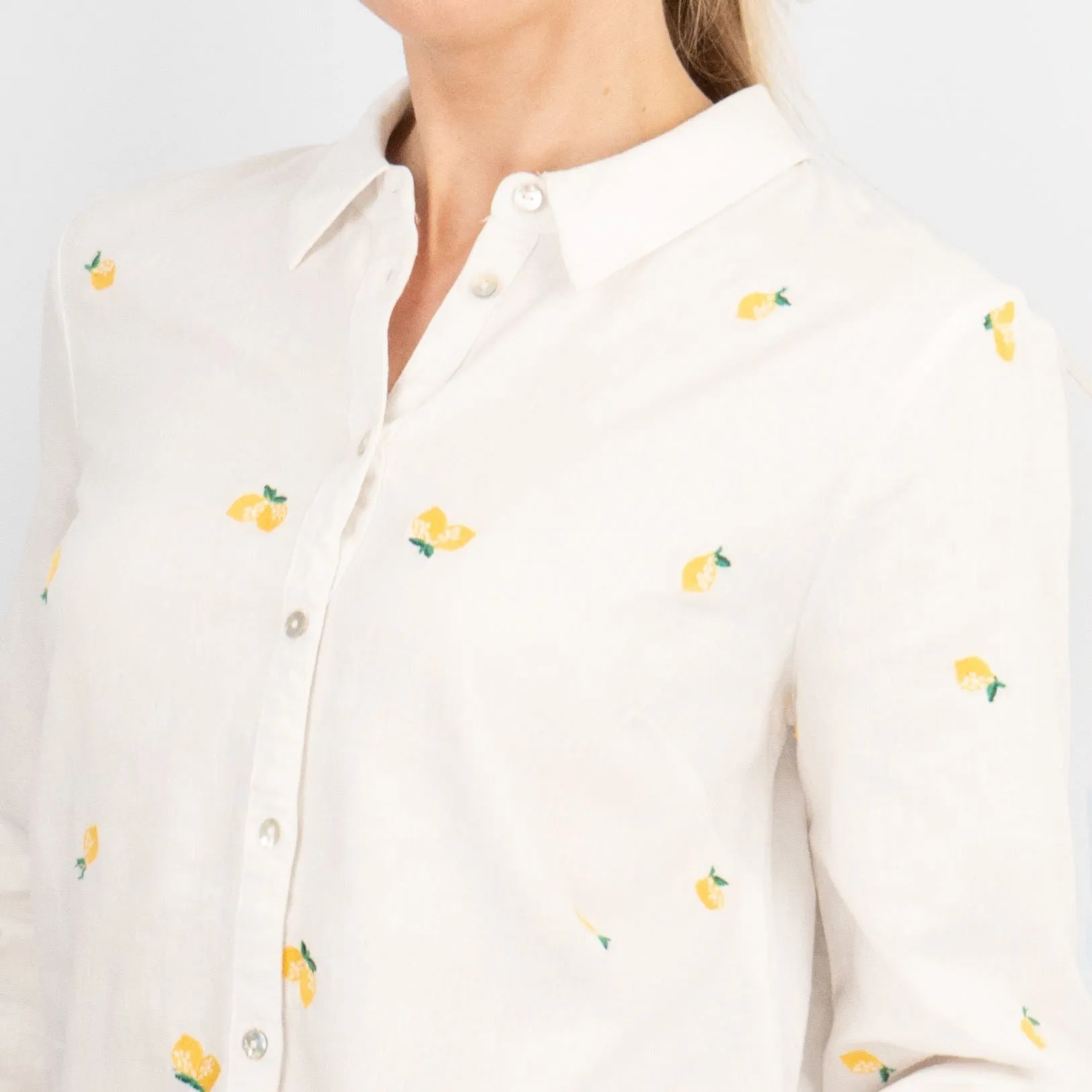 White Lemon Embroidery Linen Rich Long Sleeve Women's Shirts