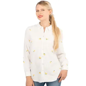 White Lemon Embroidery Linen Rich Long Sleeve Women's Shirts