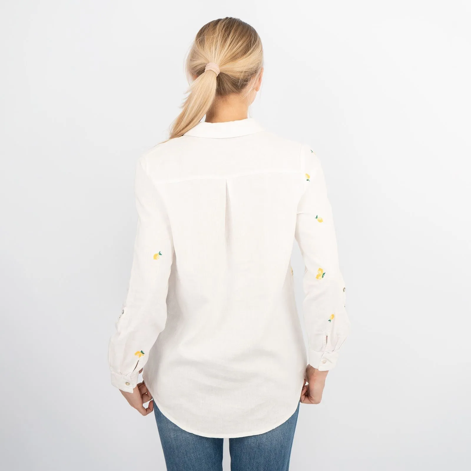White Lemon Embroidery Linen Rich Long Sleeve Women's Shirts