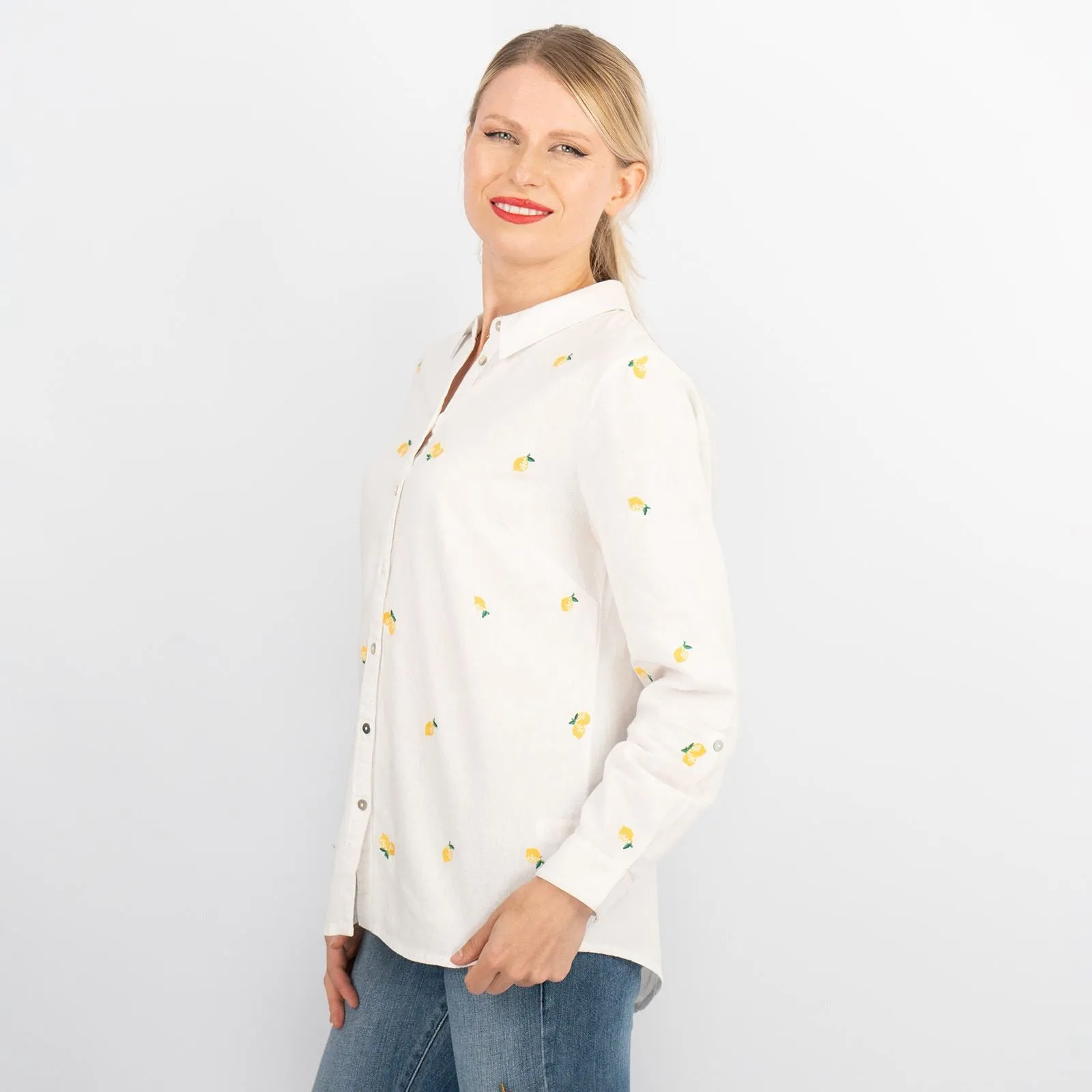 White Lemon Embroidery Linen Rich Long Sleeve Women's Shirts