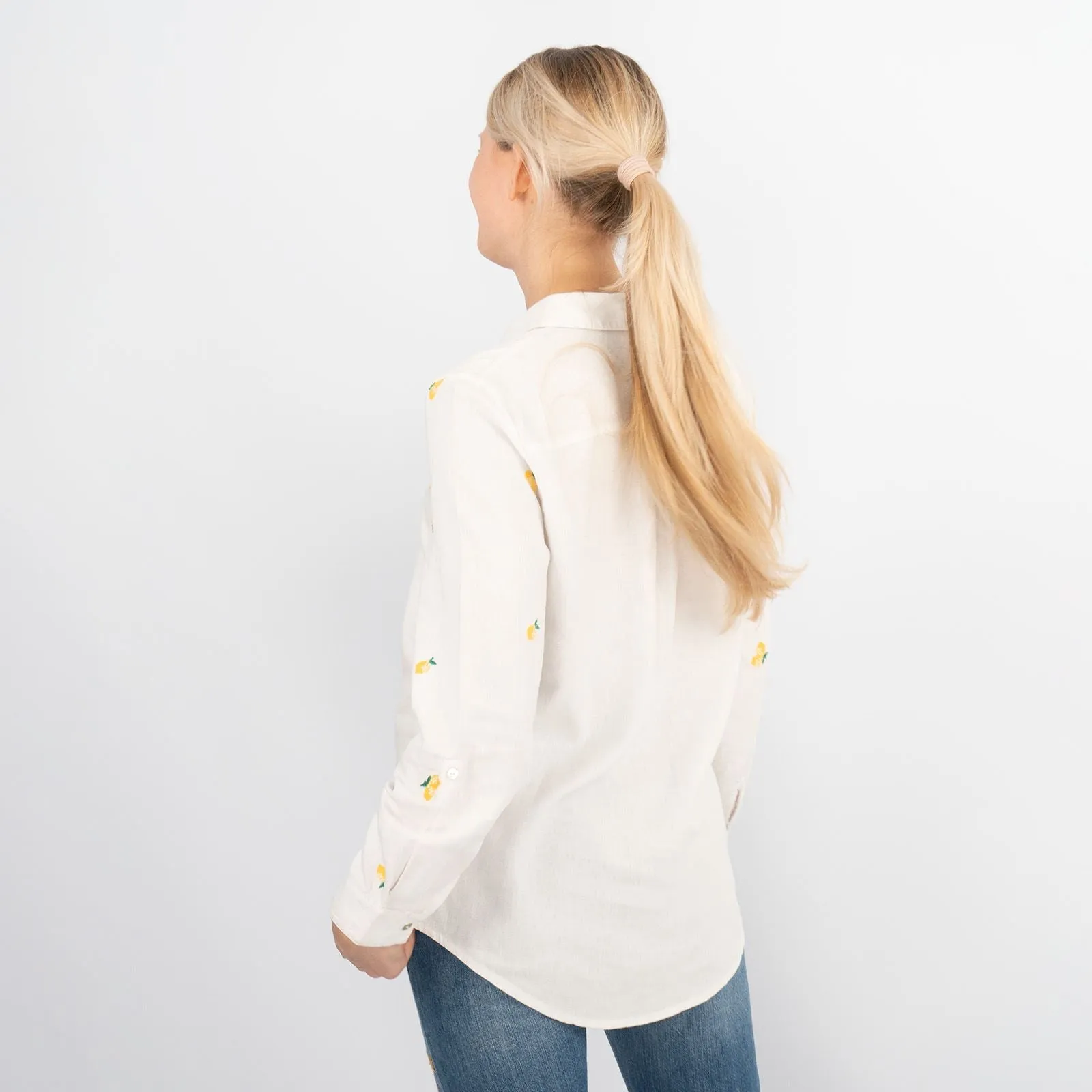 White Lemon Embroidery Linen Rich Long Sleeve Women's Shirts