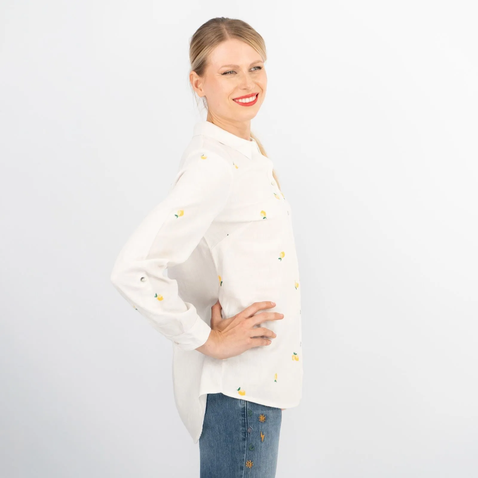 White Lemon Embroidery Linen Rich Long Sleeve Women's Shirts